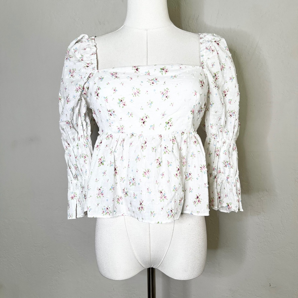 Storia White Floral Peplum Top Babydoll Tie Back Square Neck Puff Sleeve Small